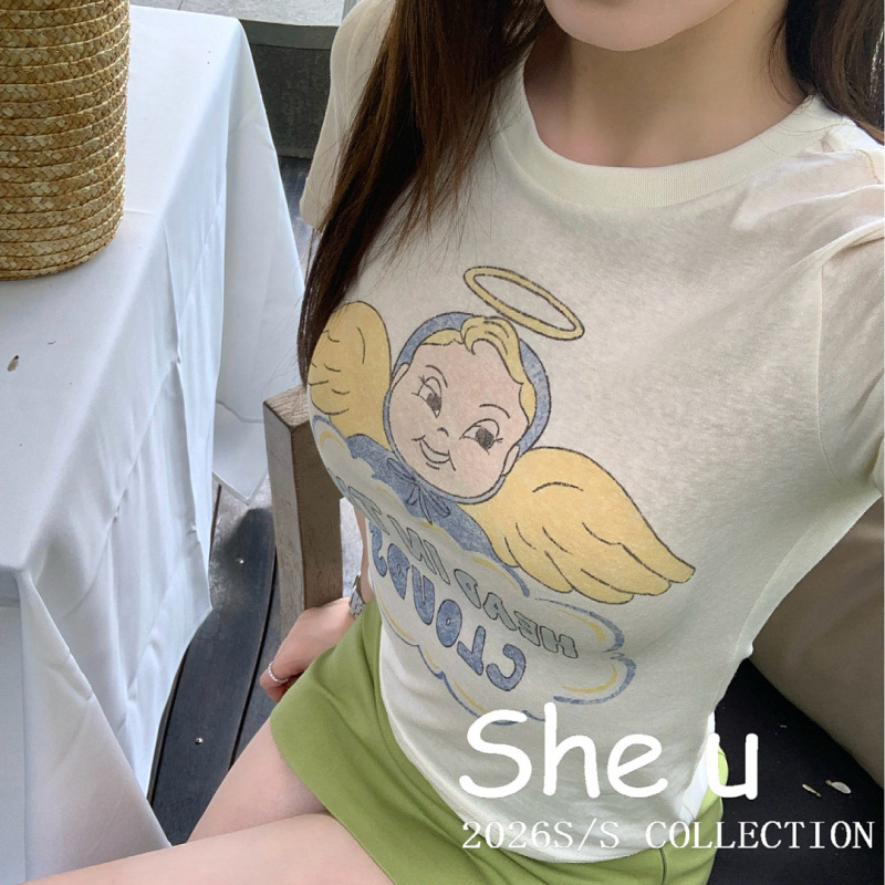 She U Thirteen Lines Korean Sweet Style Angel Cartoon T-Shirt 2026 Summer New Cute Versatile Slim Fit Top