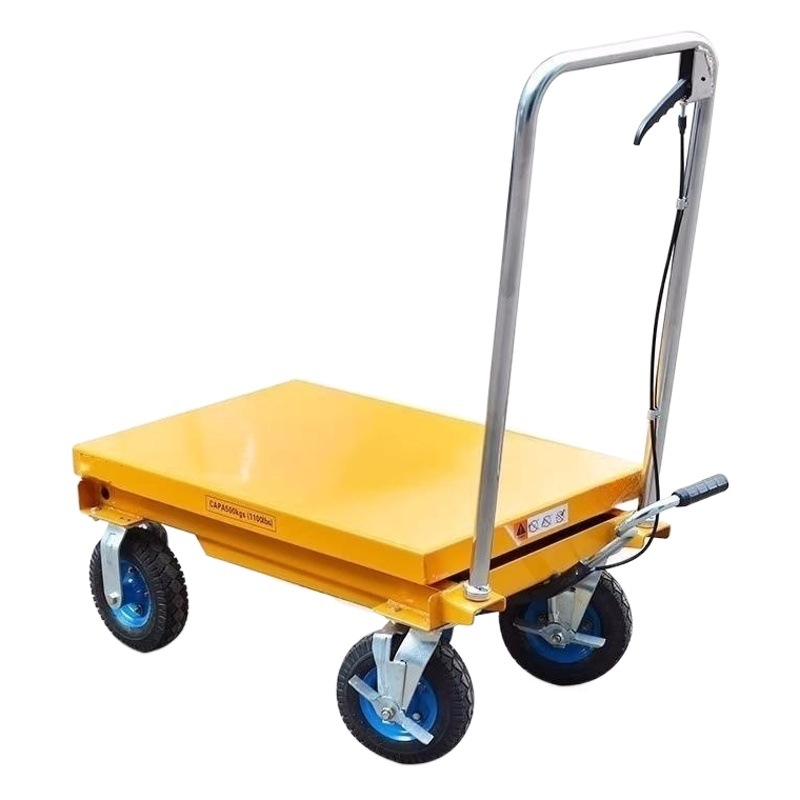 Plataforma elevadora hidráulica manual con ruedas grandes inflables, montacargas de plataforma accionado con el pie, herramienta de elevación móvil.