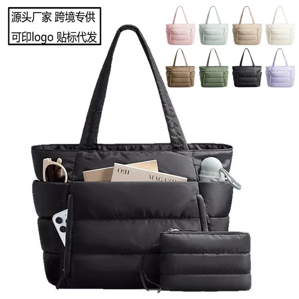 Cross-border lightweight fluffy quilted handbag set, large-capacity women's tote bag, multi-compartment commuter shoulder bag