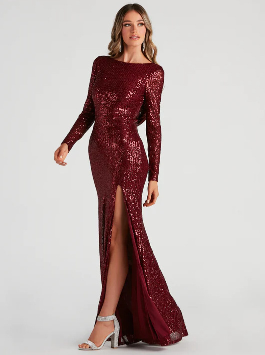 Transfronterizo europeo y americano nuevo lentejuelas hendidura sexy manga larga lentejuelas vestido de noche