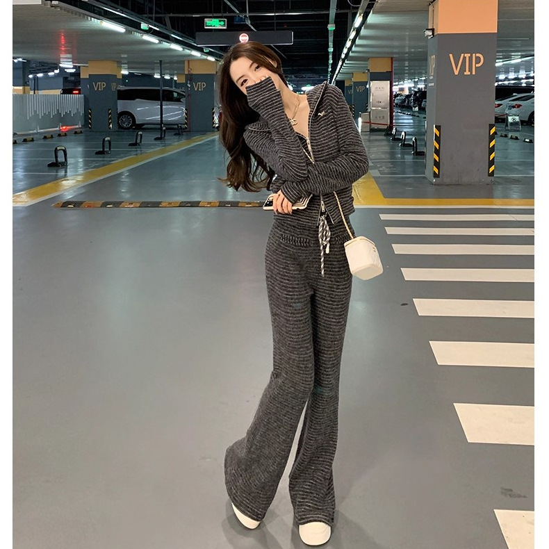 开秋穿搭一整套韩系减龄网红超火运动休闲连帽卫衣微喇叭裤两件套|undefined