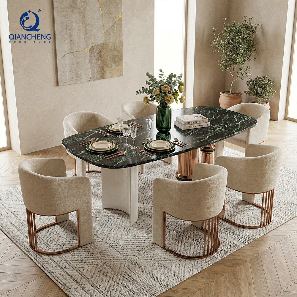Mesa de Comedor Italiana de 2.2 Metros, Mármol y Acero Inoxidable, Rectangular, para 4-8 Personas, para Comedor