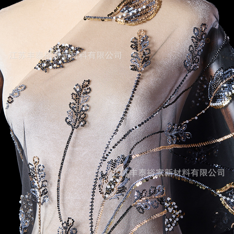 Flores tridimensionales tela bordada de malla línea negra tela flor sequinilla cuentas de clavos tridimensionales cuentas de perforación sequinilla encaje image 5