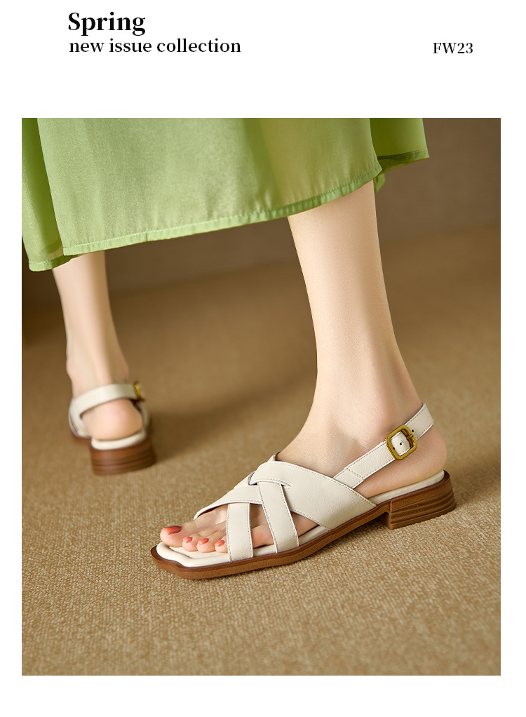 Dép sandal nữ da bò dệt thủ công kiểu La Mã đế bằng — nâu chi tiết 16