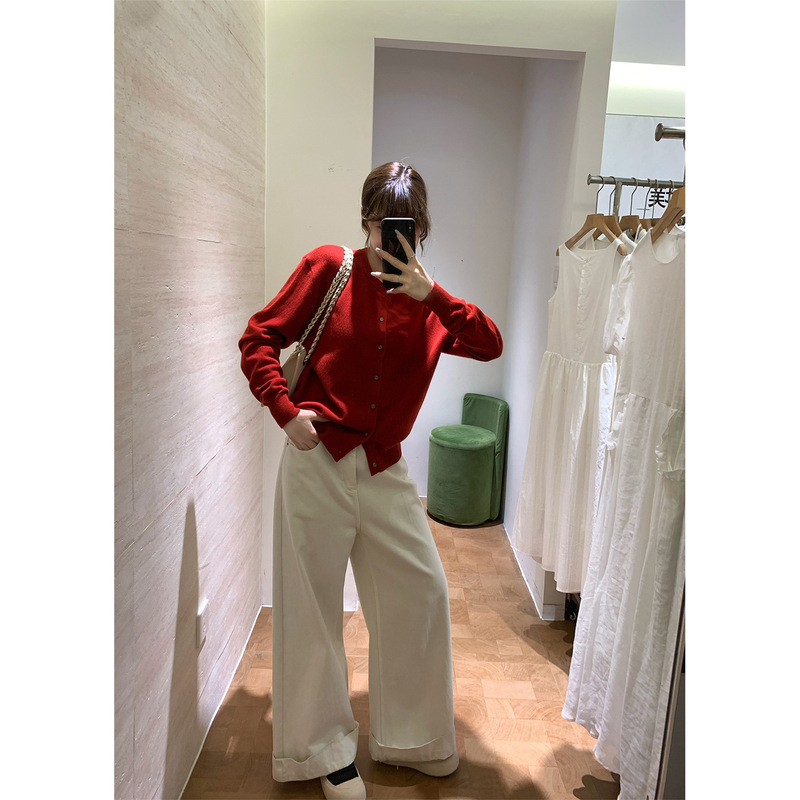 100 Sheep Wool! Autumn Gentle Fluffy Soft Round Neck Wool Single Row Multi-Button Knitted Cardigan Sweater for Women