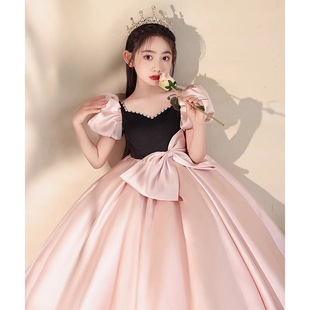 Pink Satin Birthday Kidsren's Princess Dress Host 2025 New Summer Flower Girl Piano Performance Costume