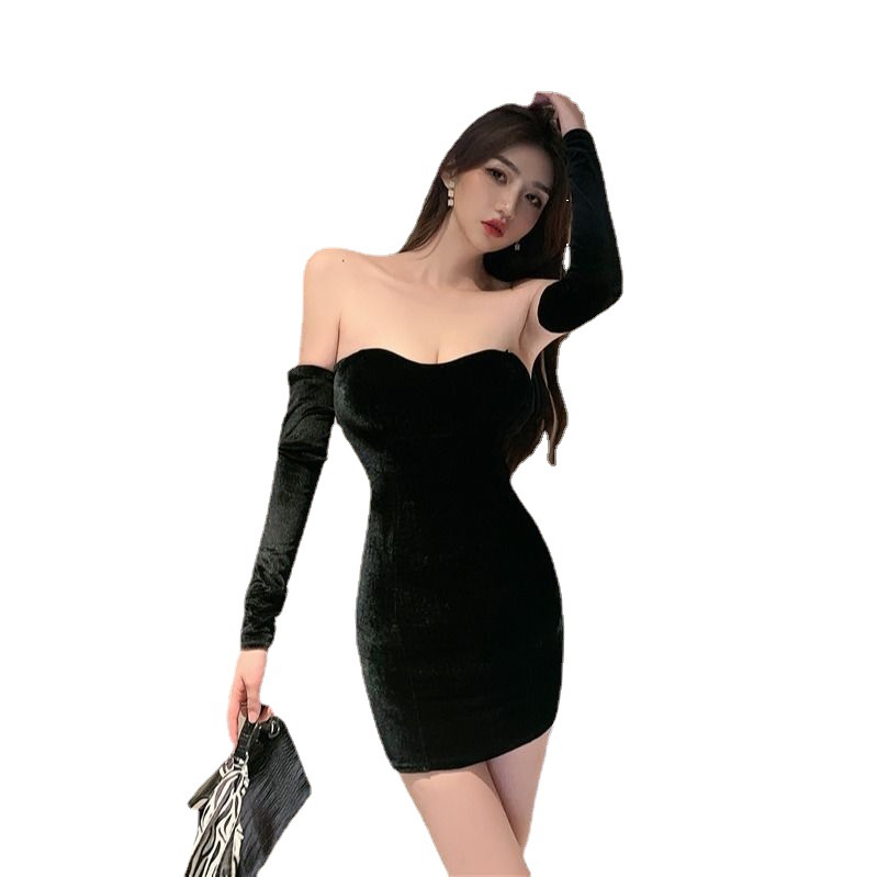 Autumn 2024 New Female Elegant Sexy Slim-Fit Slimming Hip Wrap Chest Sleeve Banquet Dress Short dress