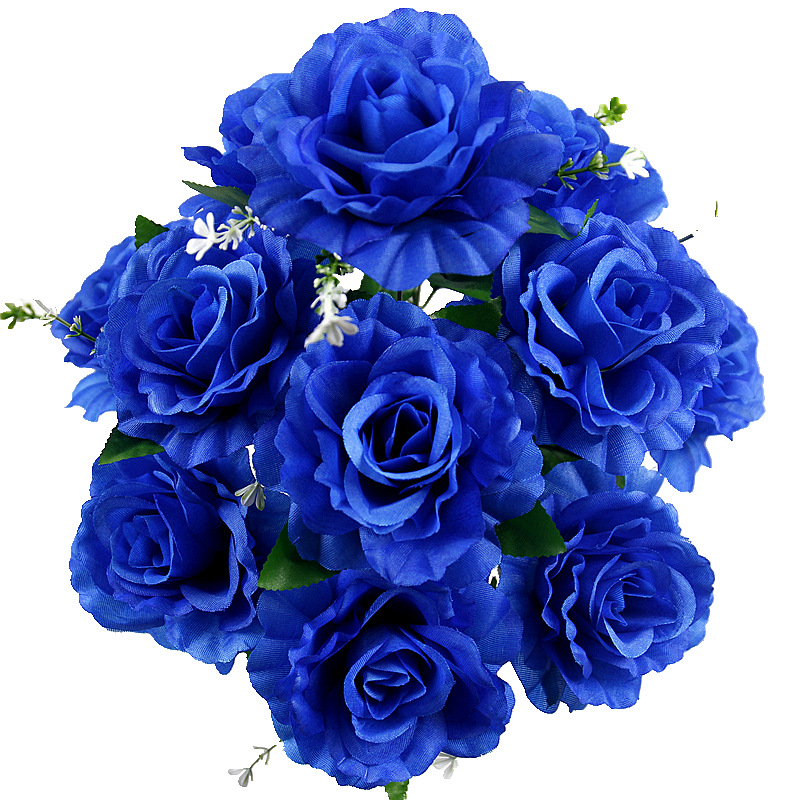 Ramo de rosas artificiales transfronterizo con 12 cabezas, flores artificiales azules encantadoras para decoración de bodas y decoración del hogar.