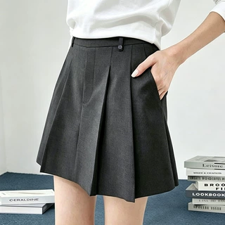 韩系通勤西装百褶裙女高腰立体压褶口袋设计小个子 A字防走光半裙