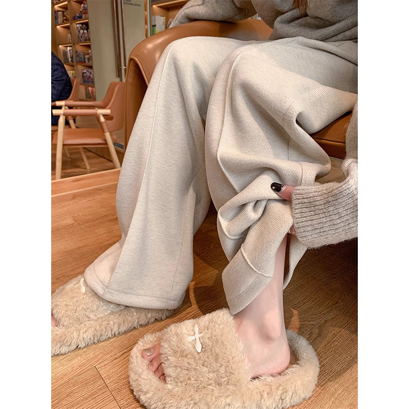 Pantalones de piernas anchas blancas de arroz de otoño y invierno de 2024 nuevos pantalones de cintura alta, pantalones casuales rectos estrechos y gruesos