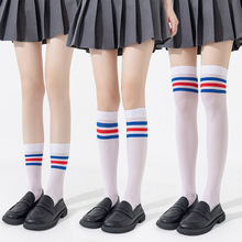 靴尚棉天鹅绒小腿袜春夏薄款学院风半截过膝Jk日系三杠条纹长筒袜