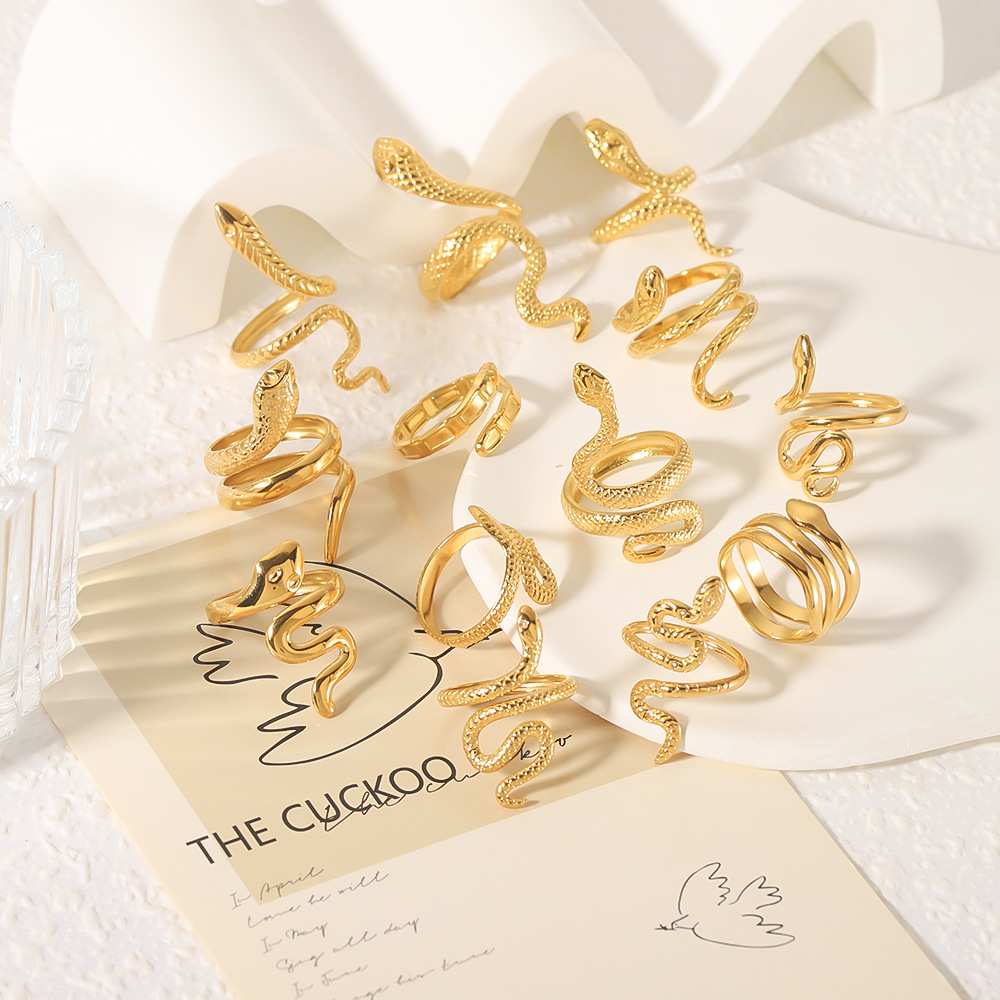 Snake Pattern PVD Coated 18K Gold Real Gold Plated Snake Stainless Steel IG Style Waterproof Non Tarnish Open Rings