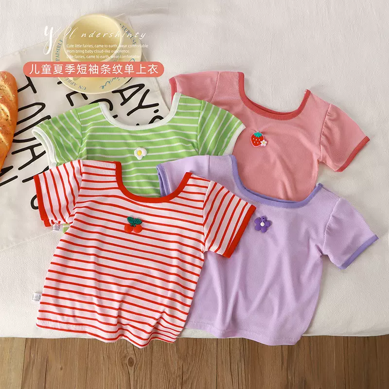 儿童冰丝方领短袖T恤2025夏季新款女童百搭宝宝韩版上衣中小童