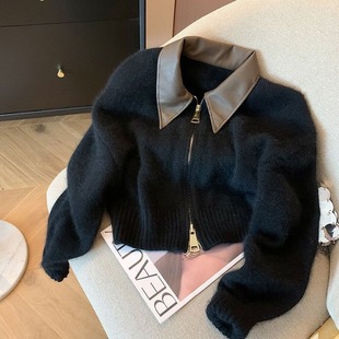 High-End Black Leather Collar Zipper Knitted Jacket for Women Autumn 2024 Fashionable Loose Elegant Short Sweater Cardigan