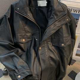 2025年秋季新款青春流行羊皮宽松机车外套男装超短款拉链立领夹克