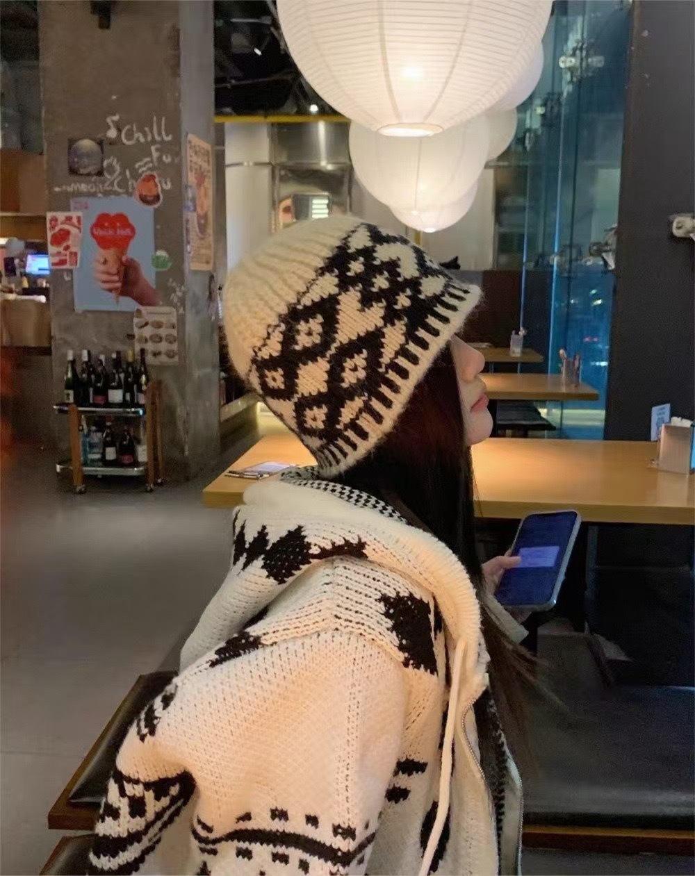 Vintage schwarze Fischermütze mit Karomuster für Damen, Herbst/Winter, gesichtsschlankmachend, vielseitig, für großen Kopfumfang, Strickmütze_voghion.com