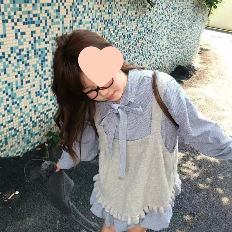 韩系复古格子蝴蝶结系带衬衫裙显瘦花苞裙女背心甜美套装秋季纽扣|undefined