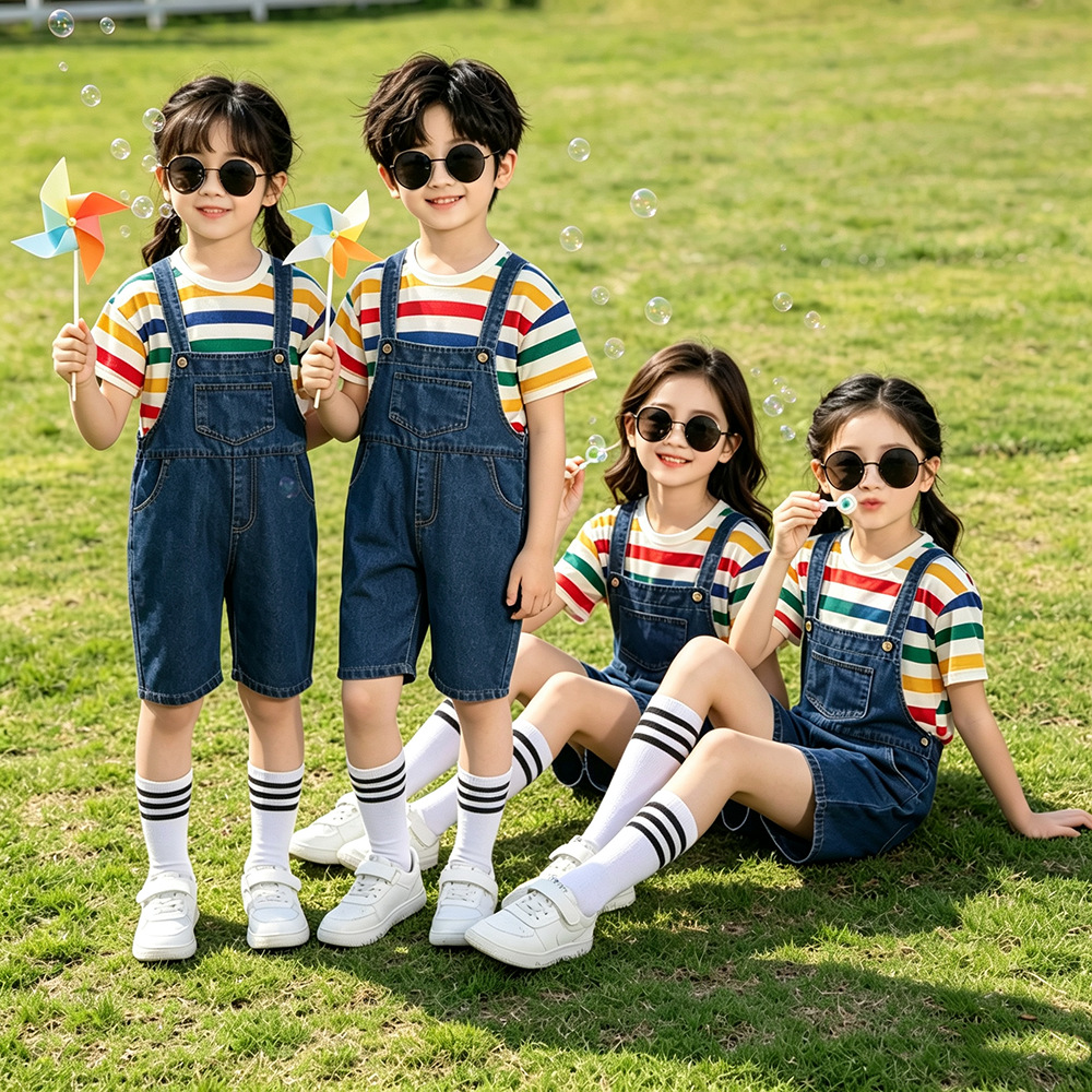 Kindergarten Clothes Children's Summer Rainbow Striped Short-sleeved Blue Strap Shorts Sunshade Suit Class Clothes Western Style Baby