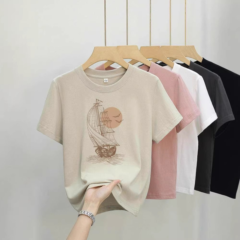 Cotton Apricot Color Summer Versatile Fashion Casual Printed Slim-Fit Slimming T-Shirt Plus Size Short-Sleeve Women's Top Trendy Cotton Apricot Color Summer Versatile Fashion Casual Printed Slim-Fit Slimming T-Shirt Plus Size Short-Sleeve Women's Top Trendy