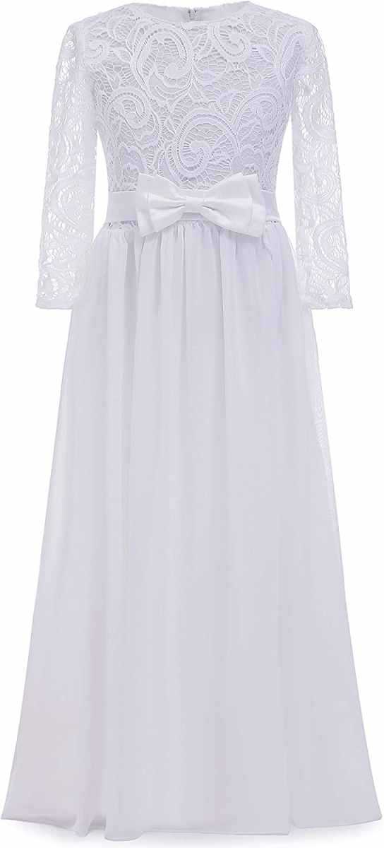Nuevo vestido de novia para niños de comercio exterior transfronterizo europeo y americano de manga larga de encaje, cuello redondo, cola, vestido de cumpleaños para niña