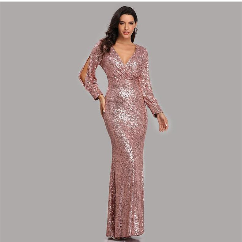 European and American Export Fishtail Evening Dress 2025 New Sequin Dress Multi-Color Large Size Long-Sleeved V Neck Sequined Women
