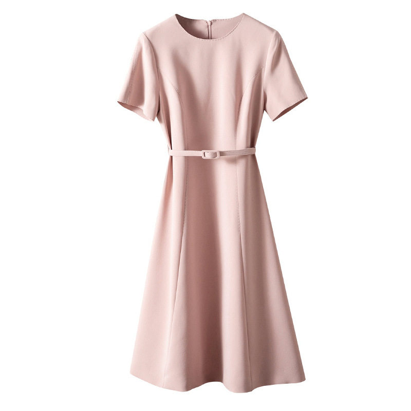 Đầm liền nữ cổ tròn phong cách Pháp, eo thon dáng chữ A, chất liệu satin, tay ngắn, màu trơn — Màu hồng, Màu trắng sữa, Màu đen
