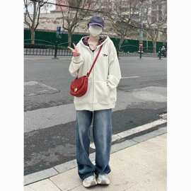 美式新款!小个子慵懒美式复古格子连帽卫衣外套女春季薄款上衣