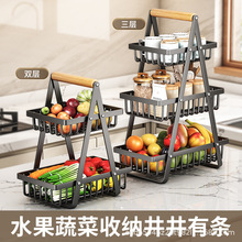 跨境可卸拆铁艺水果篮组装三层木质手提篮厨房零食收纳篮置物架