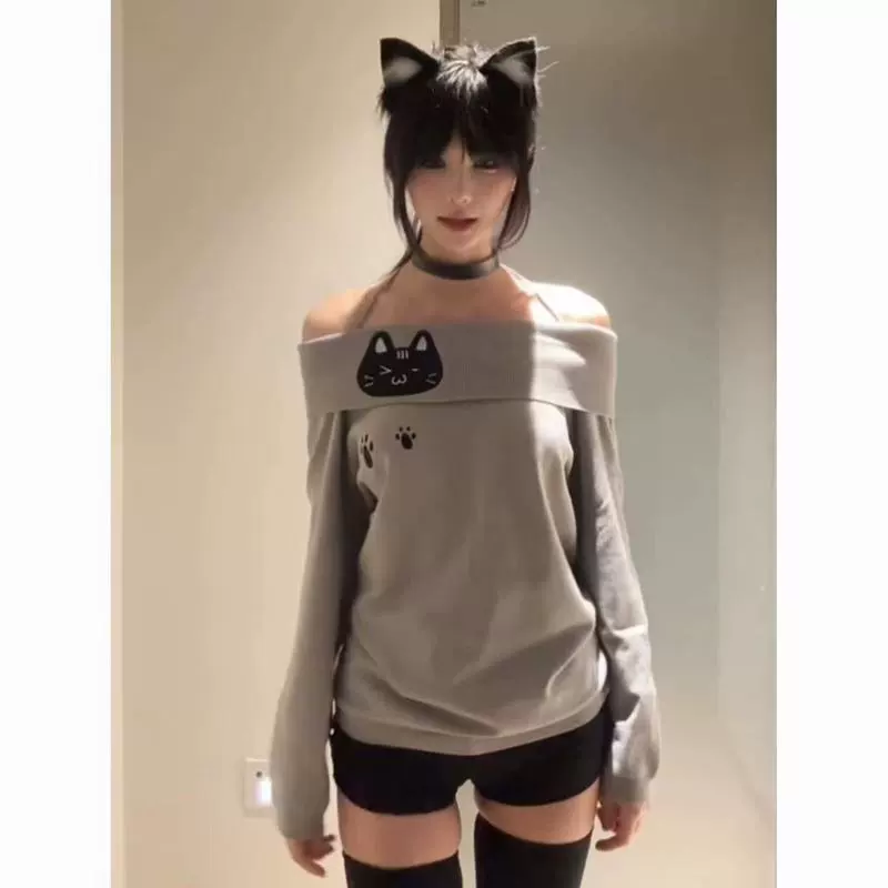 Яменман!! !【Вышивка кота】Милая футболка с длинными рукавами для девочек для женщин INS Уникальный топ для похудения с открытыми плечами