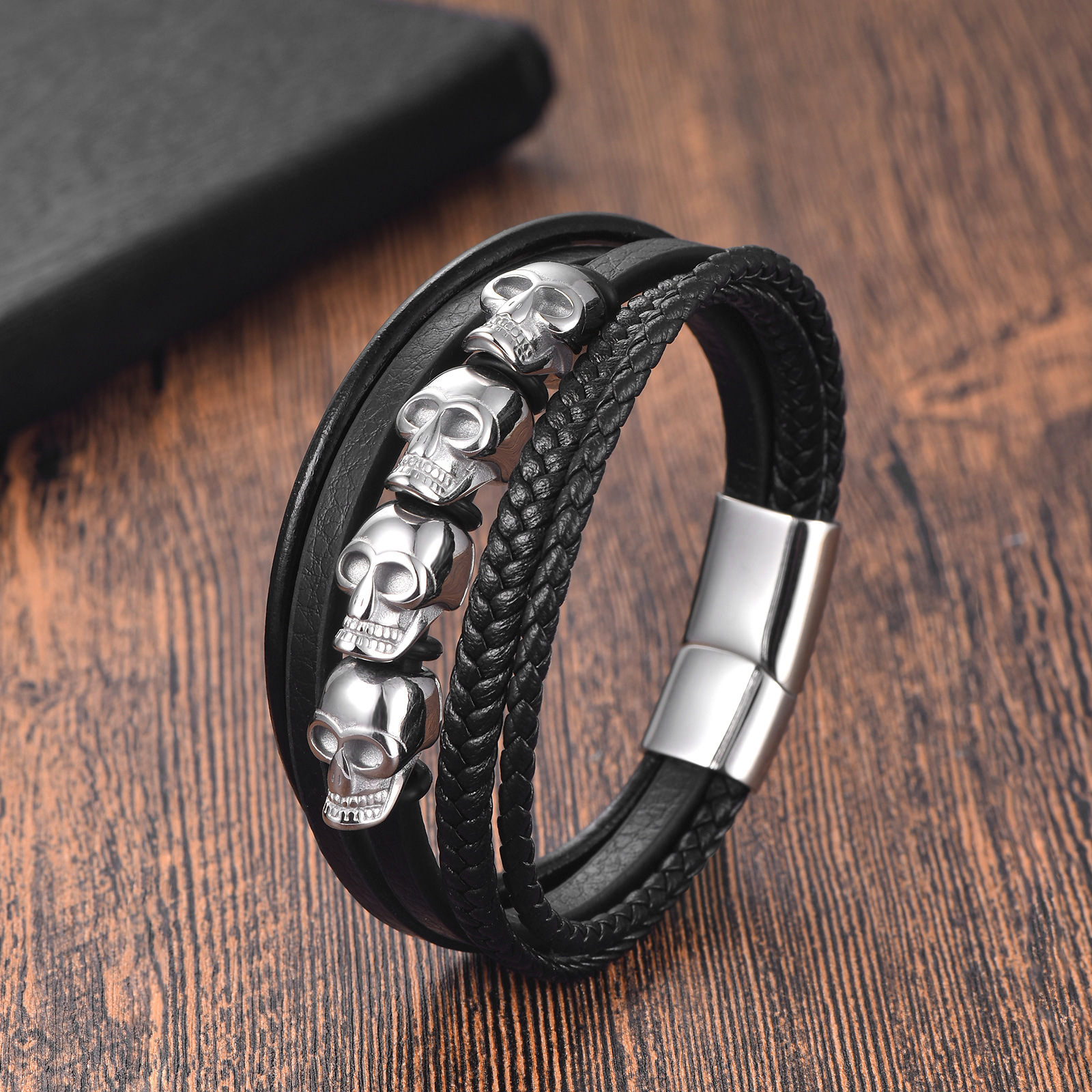 Geometric, Skull Pattern Hip-Hop 316 Stainless Steel Leather Geometric Skull Men Cord & Leather Bracelets Halloween