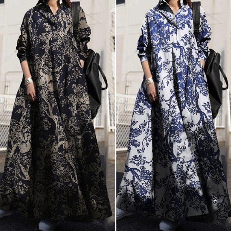Plus Size Women's Clothing Amazon Autumn Printed Cotton and Linen Dress Retro Ethnic Style Loose Flared Skirt