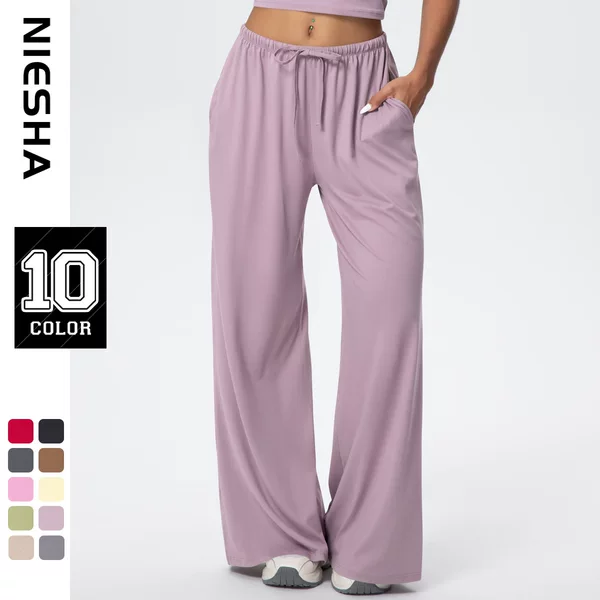 Cross-Border Brushed Long Pants with Drape, Side Pockets, Wide-Leg Pants, Loose Casual Pants for Women, Sports Fitness Elastic Drawstring Long Pants