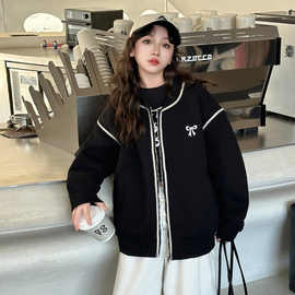 网红女童韩版时尚百搭棒球服中大童春秋新款洋气蝴蝶结拉链衫外套