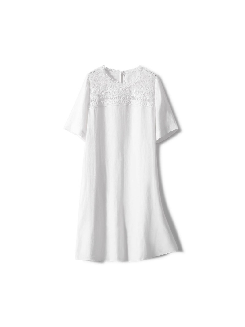 Váy linen trắng dáng suông cổ tròn đa năng — trắng