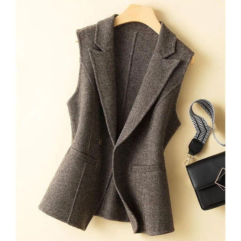 2025 New Autumn and Winter Woolen Vest Women's Suit Collar Short Slim Vest Outer Wear Waistoutwear Woolen Outwear Vest