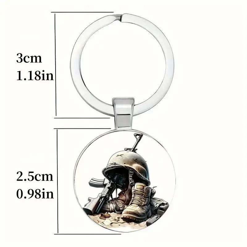 Botas de combate de estilo militar retro de 1 pieza, casco y diseño de arma - llavero colgante redondo de aleación de zinc