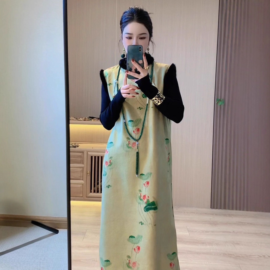 Velvet and Thickened New Chinese Style Women's Vest Vest Improved Cheongsam Dress Style National Style Suit Skirt
