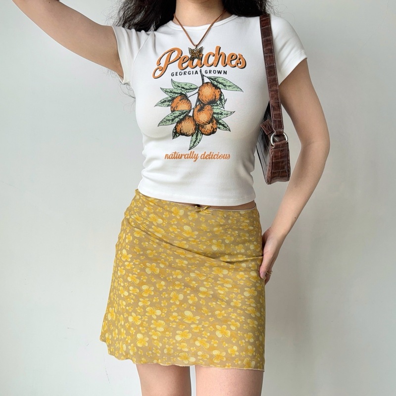 Go Girl Go 自制美式复古黄色蝴蝶印花短裙女夏季a字半身裙|undefined