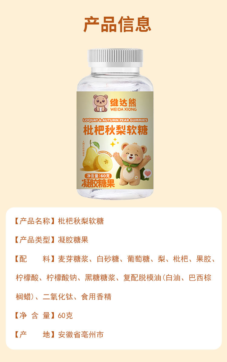 Loquat & Pear Gummy Candy (枇杷秋梨软糖) — Herbal-Inspired Fruit Gummies, 60g Bottle details