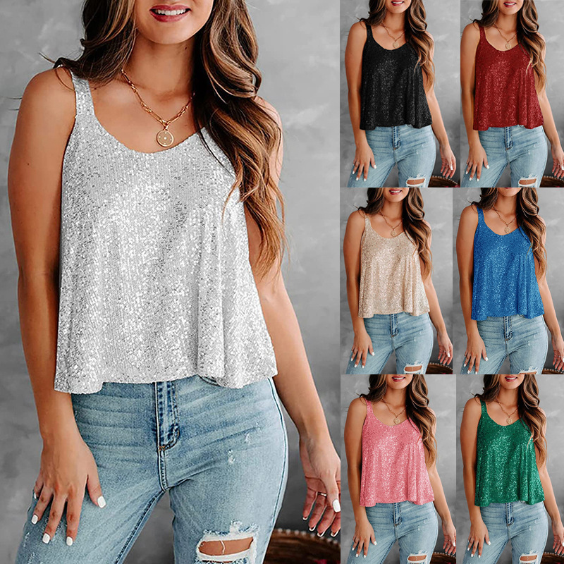 2025 summer new cross-border women's small vest U-collar sleeveless shoulder strap shiny solid color fashion explosions