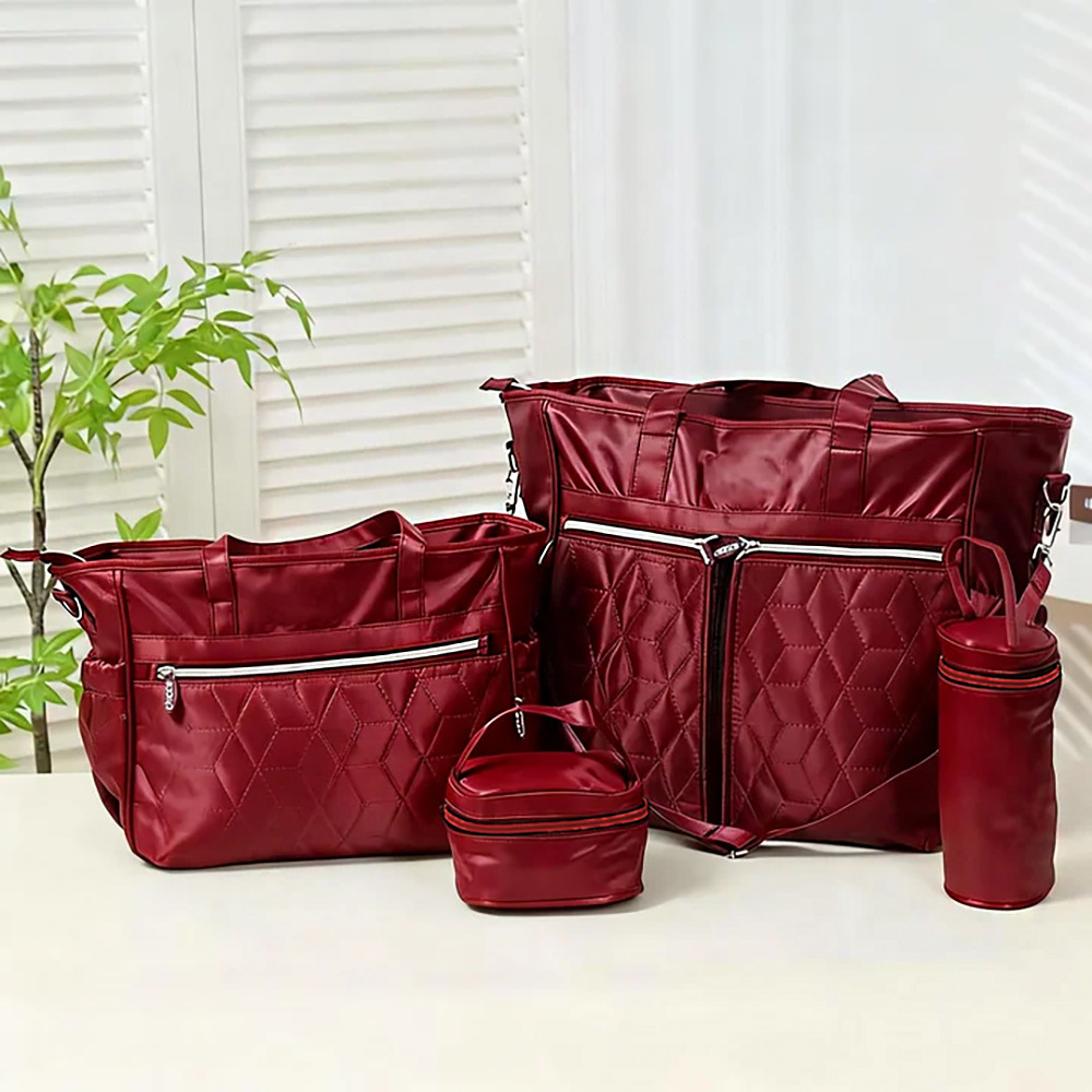 Conjunto de Cinco Piezas de Bolsa Maternal Acolchada con Diseño de Cuadros, Bolsa Maternal Multifuncional de Gran Capacidad para Guardar Pañales, de Hombro o Cruzada