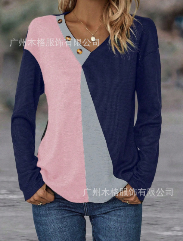 2025欧美跨境女士T恤纯色时尚现代休闲女装撞色印花宽松圆领纽扣|undefined