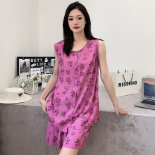 棉绸睡衣套装女无袖背心休闲人造棉家居服夏可外穿遛弯短裤两件套