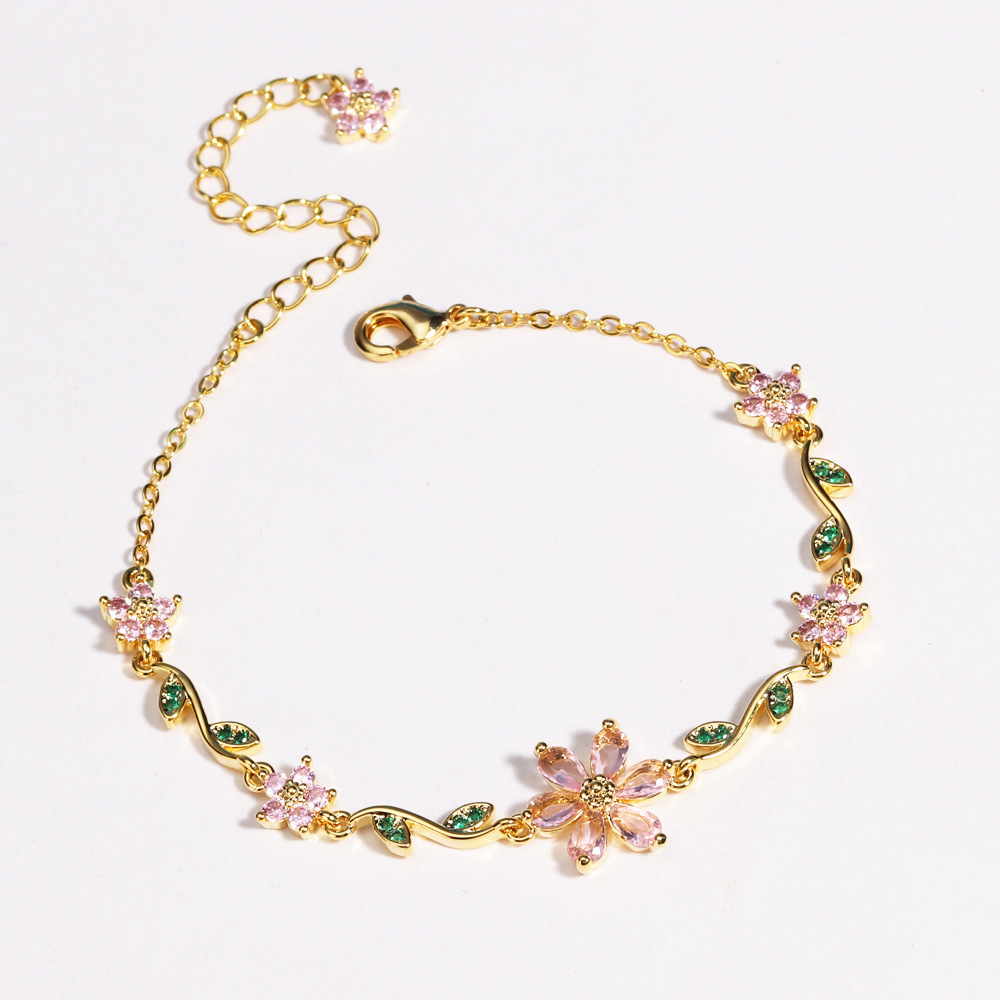 Cross-Border Cute, Sweet and Exquisite Zircon Petal Bracelet, Fashionable Leaf and Flower Pendant Bracelet for Women