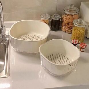 New Double-layer Vegetable Washing Drain Basket Living Room Plastic Fruit and Vegetable Thickened Water Drainage Vegetable Basket Vegetable Washing Basin Household Kitchen