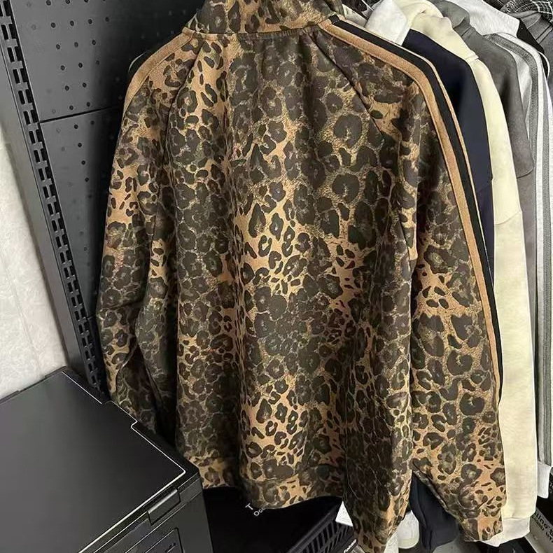 New American Retro Leopard Print Stand-Collar Sweatshirt for Men, Autumn Fashion, Large Size, Trendy Brand, Cool and Loose Design Jacket