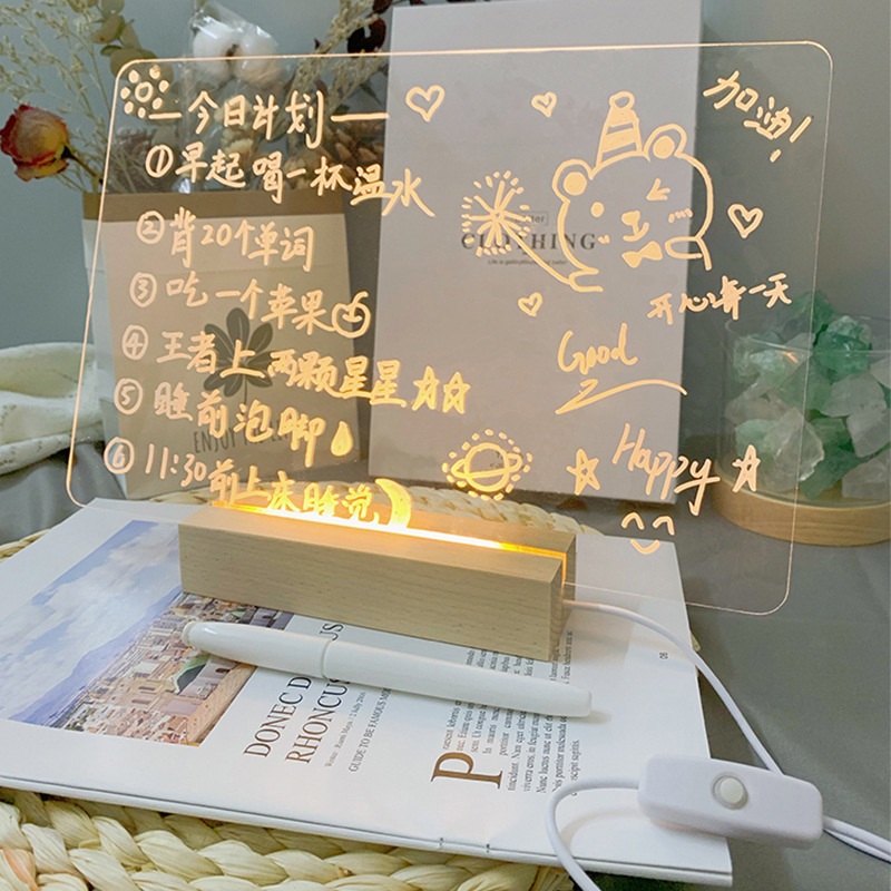 Ins Transparent Luminous Acrylic Note Board Desktop Office Erasable Computer Side Night Light Message Board Memo