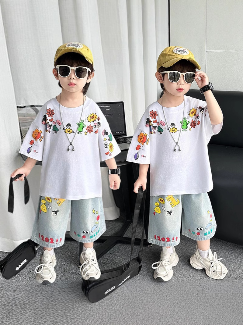 8219 Ropa Infantil 2026 Nuevo Traje de Verano para Niños, Conjunto Casual de Manga Corta para Bebé, Ropa de Estilo Coreano para Niño Pequeño