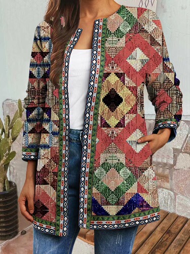 9399#Foreign Trade Cross-border Autumn and Winter New Retro Ethnic Style Printed Long Sleeve Jacket Cardigan Women's Top