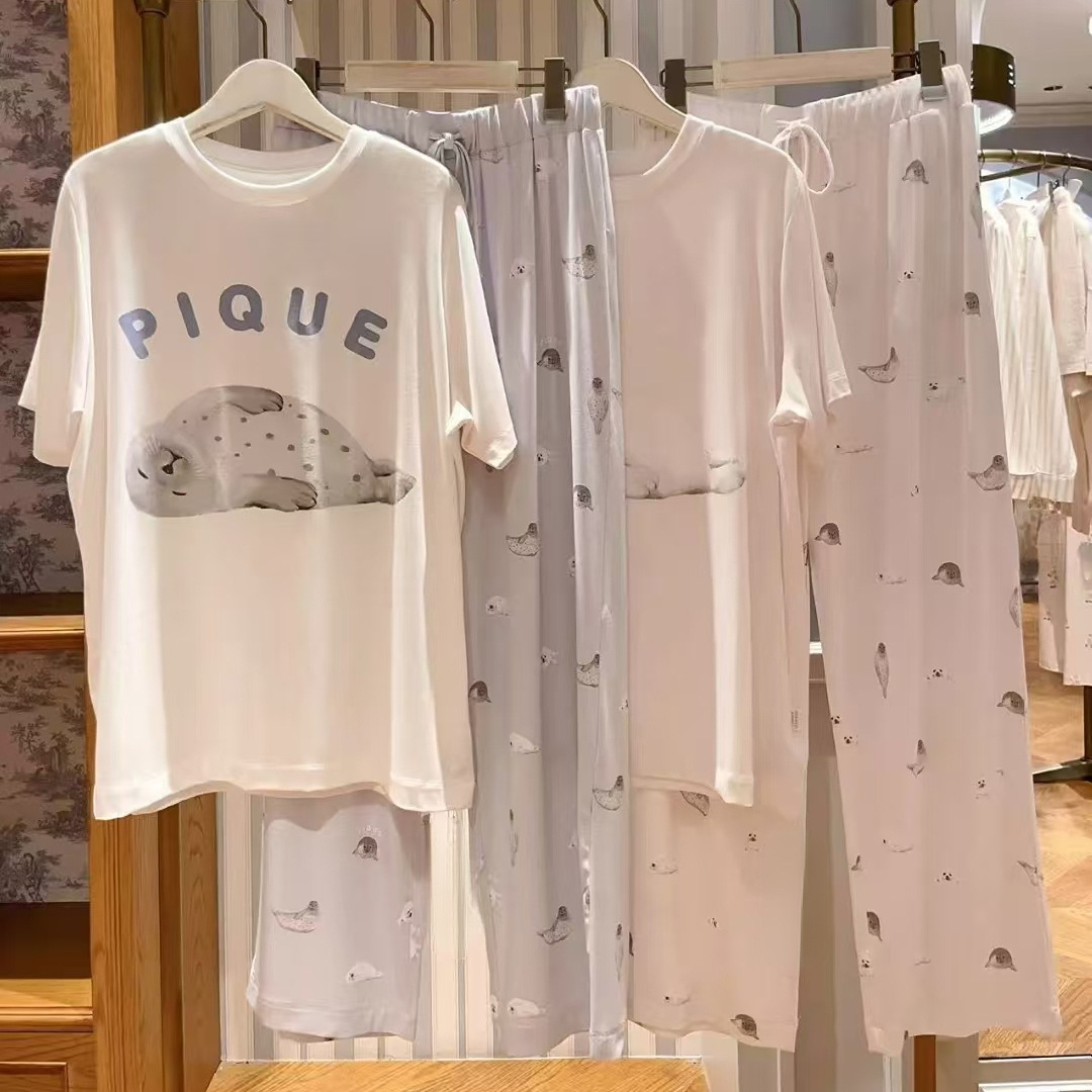 Summer Cool Home Wear Women's Seal Print Loose Round Neck Thin Short-Sleeved Pants Pajamas Home Suit Outer Wear